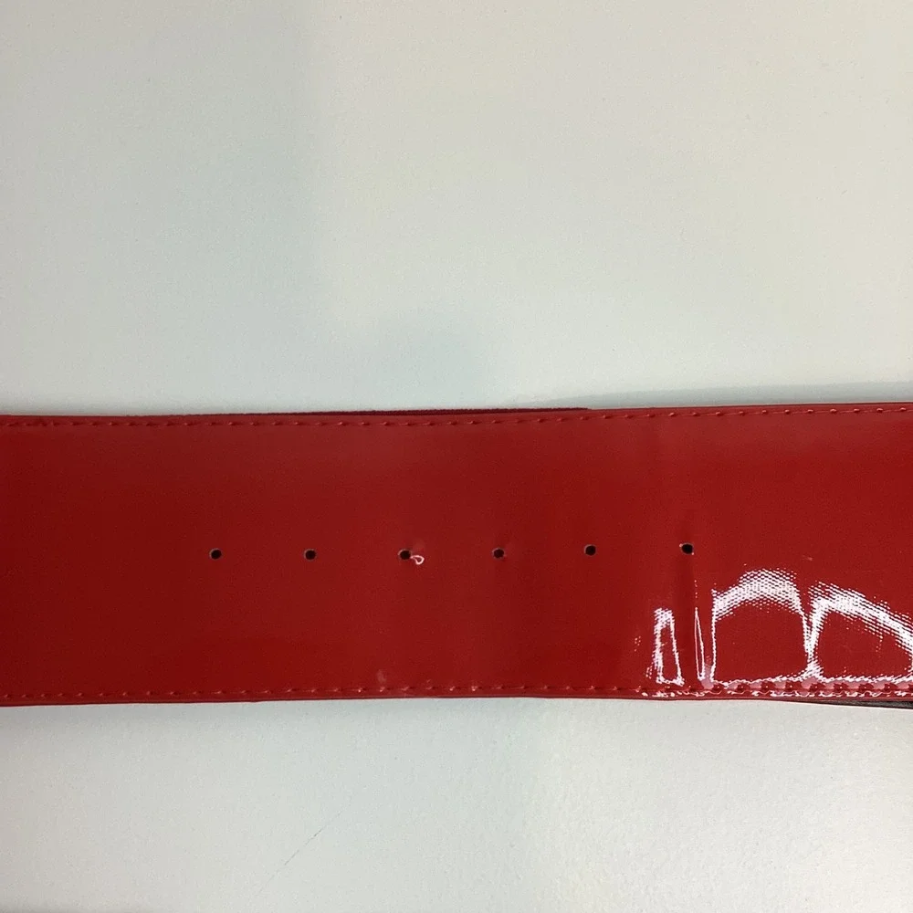 Set of 2 Wide Elastic Cinch Belts Red Patent Buckle Black Filigree Buckle 3X